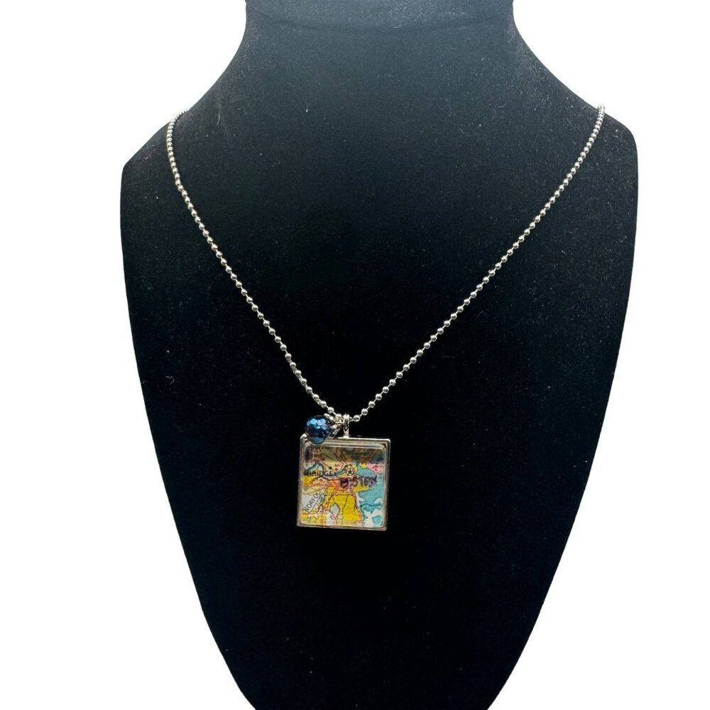 Vintage-Style Map Pendant Necklace With Blue Bead Accent Boston